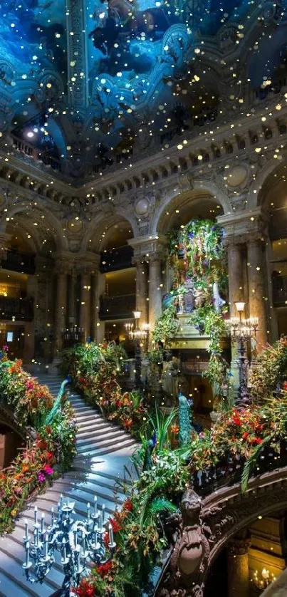 A grand staircase with colorful flowers inside a stunning, ornate building.