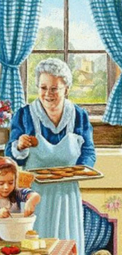 Grandmother and child baking cookies in a cozy vintage kitchen.