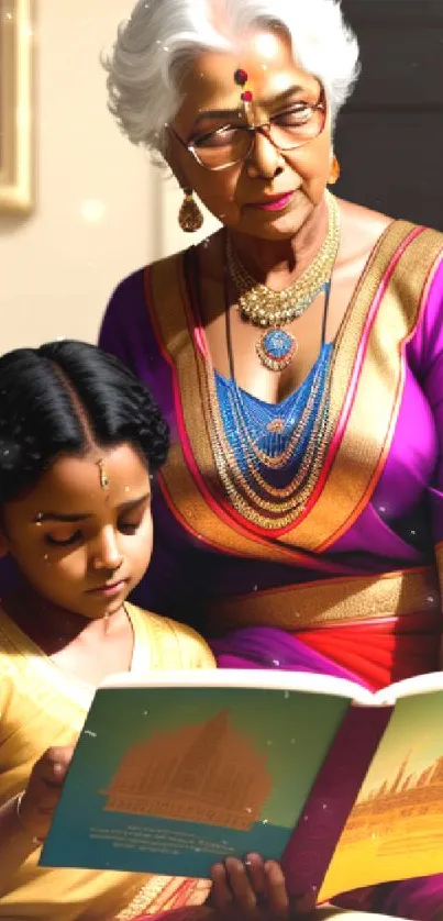 Grandmother in purple sari reading to child, showcasing cultural heritage.