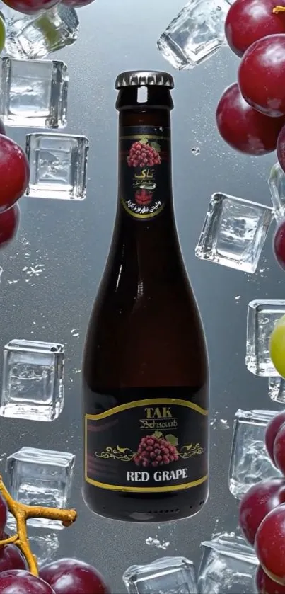 Bottle surrounded by grapes and ice cubes on mobile wallpaper.