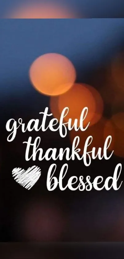 Grateful thankful blessed text on a bokeh dark blue background.