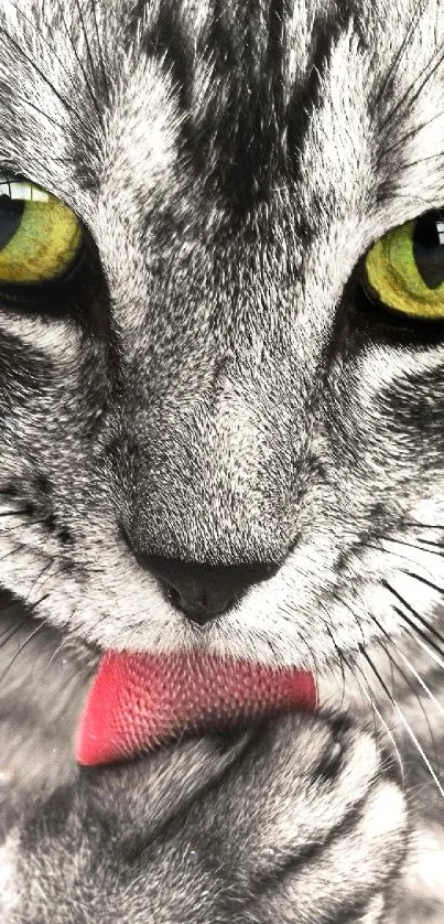 Gray cat with green eyes licking its paw, perfect for phone background.