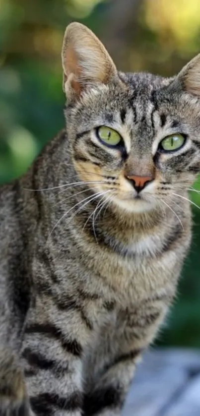 Gray tabby cat with green eyes in a nature setting.