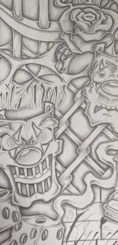 Grayscale wallpaper featuring abstract clown designs and intricate art.