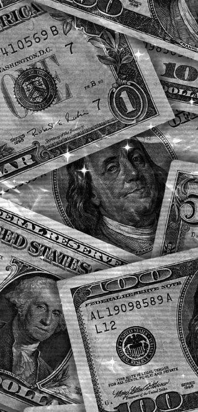 Grayscale US dollar bills mobile wallpaper.