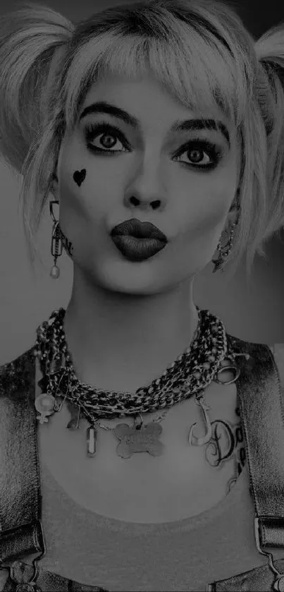 Grayscale mobile wallpaper featuring a stylish punk girl in bold fashion.