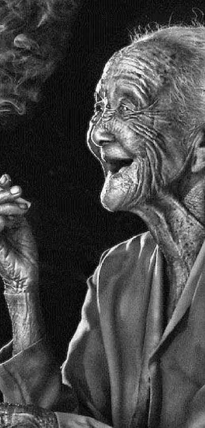 Grayscale portrait of elderly person smoking.