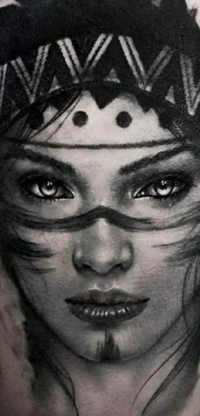 Grayscale tribal portrait art with intricate patterns.