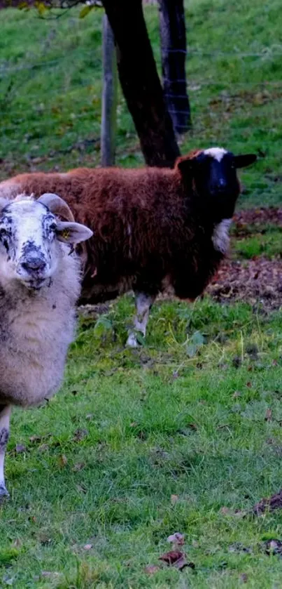 Two sheep relaxing in a lush, green field.