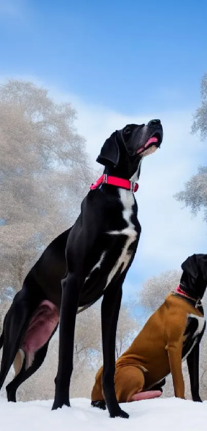 Great Danes standing in snowy landscape with clear blue sky.