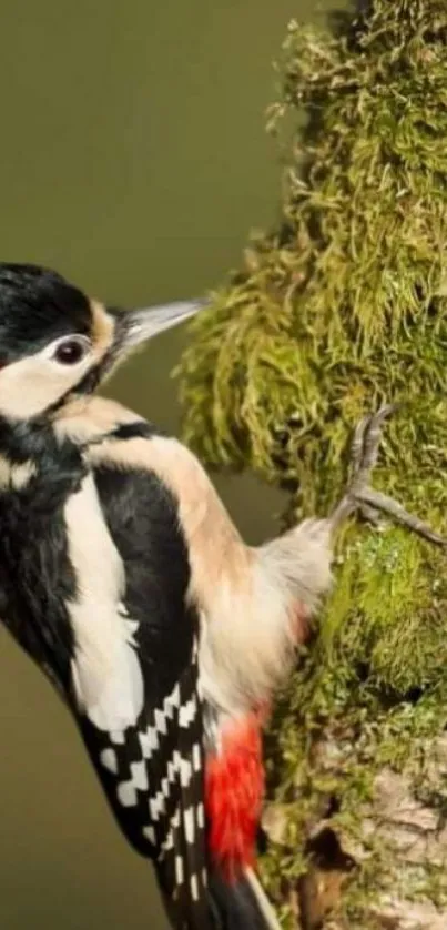 Great Spotted Woodpecker on mossy tree.