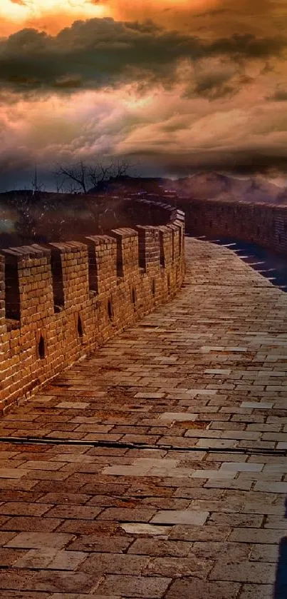 Ancient brick wall with misty sunset sky.