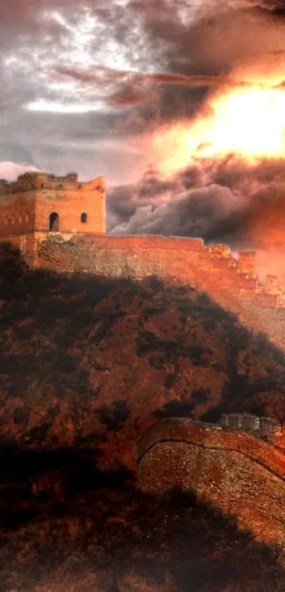 Great Wall under a dramatic sunset sky.