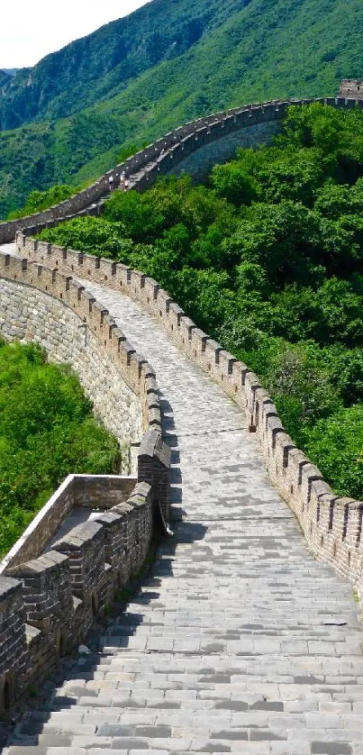 The Great Wall of China amidst lush green hills.