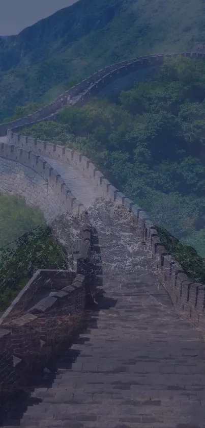 The Great Wall of China under a blue sky.