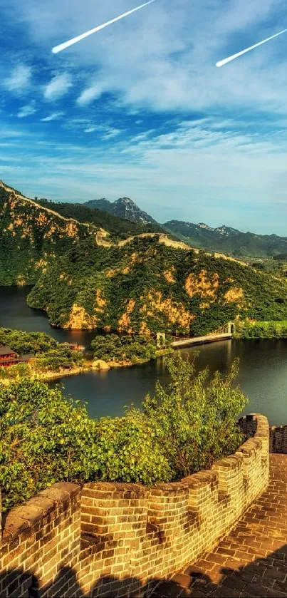 Great Wall with lush green mountains and blue sky.