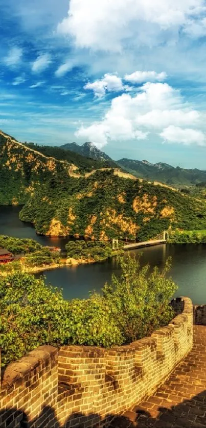 Breathtaking view of the Great Wall amid lush green hills and a clear blue sky.