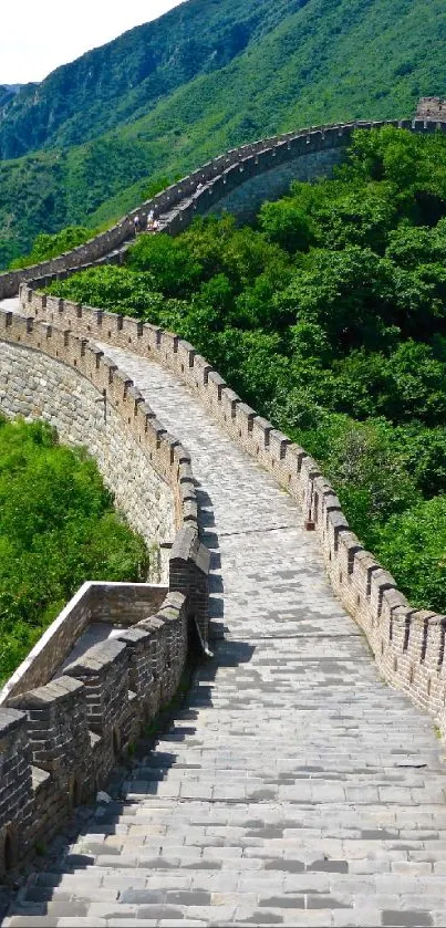 Great Wall of China winding through lush green mountains.