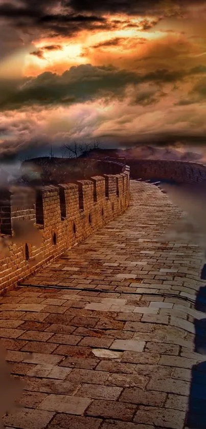 Great Wall of China at sunset with dramatic clouds.