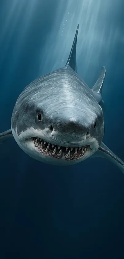 Great white shark swimming in deep sea.