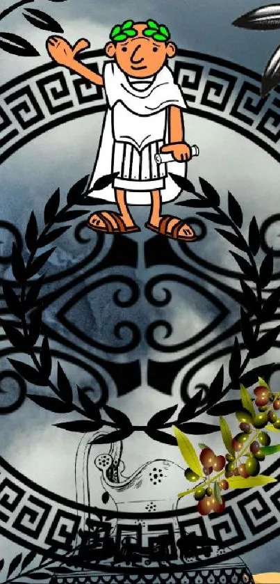 Greek mythology artistic mobile wallpaper with patterns and character.