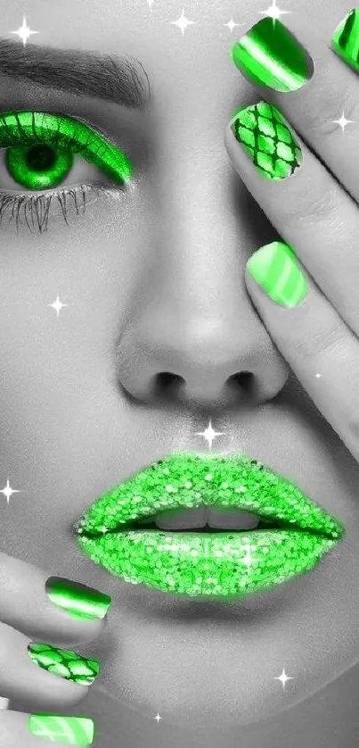 Black and white portrait with green accents on lips, eyes, and nails.