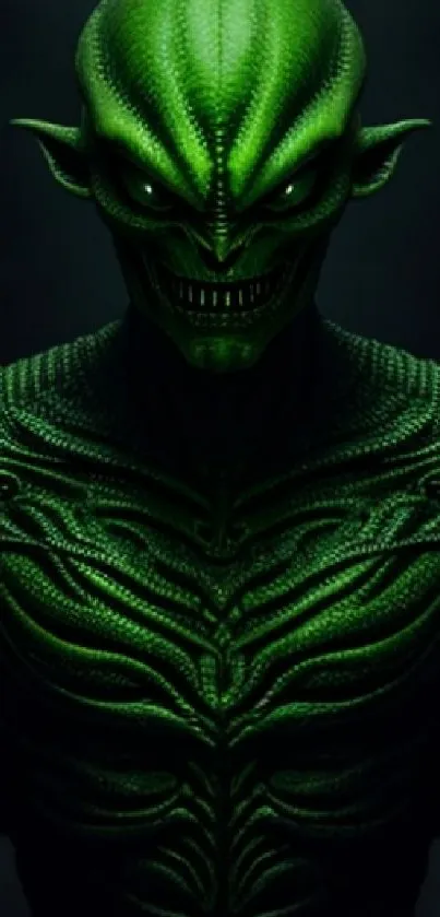 High-definition green alien creature wallpaper in dark theme.