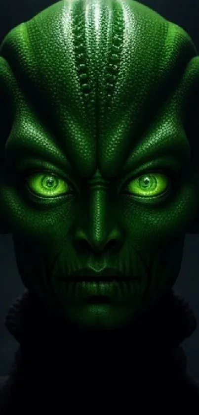 Green alien portrait with glowing eyes in dark mystical background.