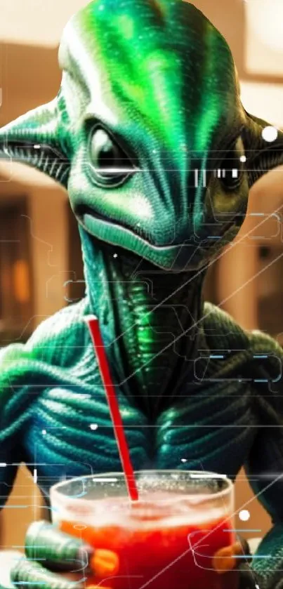 Green alien drinking futuristic design wallpaper.