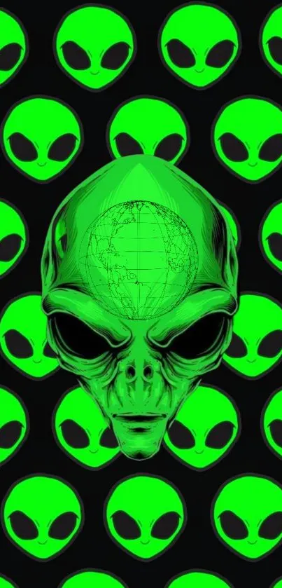 Mobile wallpaper featuring green alien heads on black background.