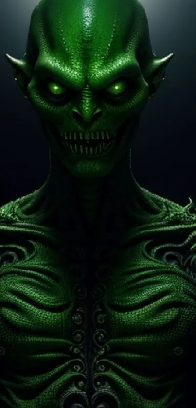 Green alien creature with glowing eyes and intricate patterns.