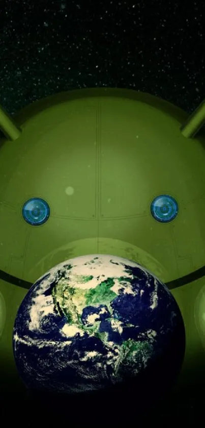 Green Android and Earth mobile wallpaper with space background.