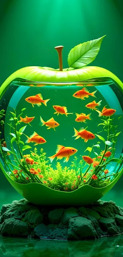 Green apple fish tank with orange fish and plants.