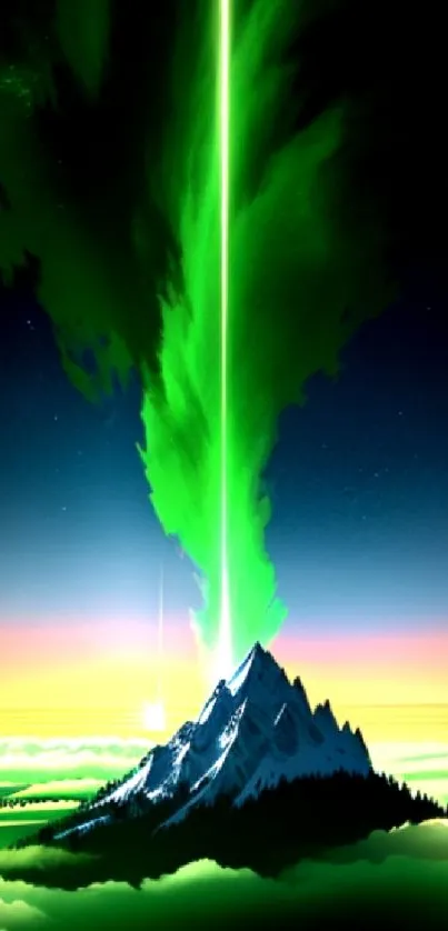 Green aurora lights up a mountain peak under a starry night sky.