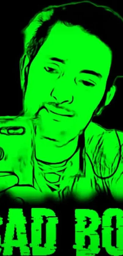 Green toned image with "Bad Boy" text and a man taking a selfie.