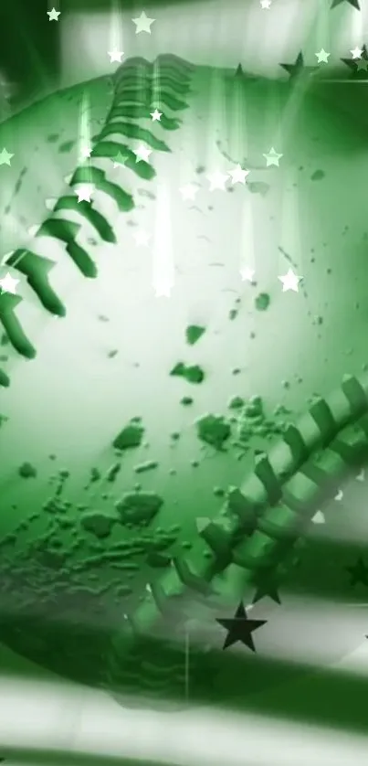 Vibrant green baseball with starry cosmic background.