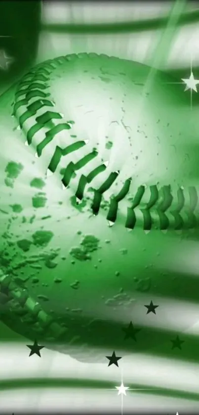 Green baseball with stars and stripes wallpaper design.