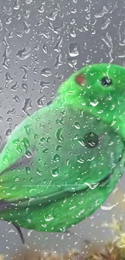 Vibrant green bird with raindrops on a natural background.