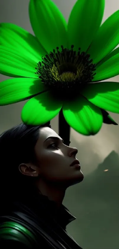 Fantasy wallpaper with a vibrant green flower over a mysterious silhouette.