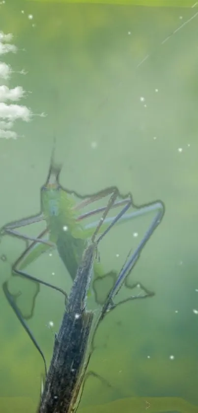 Close-up of a bug on a stem with a green background and clouds.