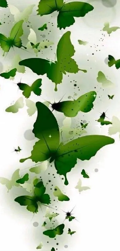 Mobile wallpaper of green butterflies on a white background.