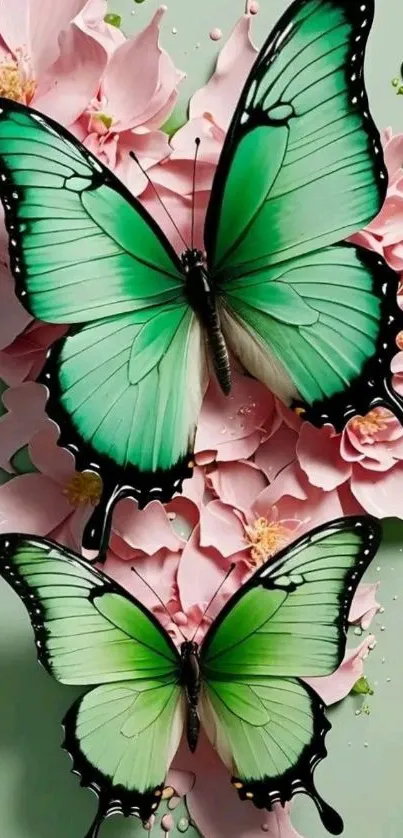 Green butterflies on pink flowers mobile wallpaper.