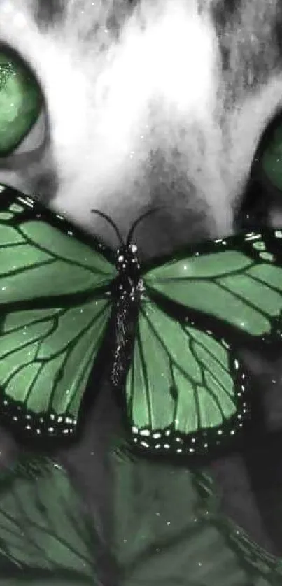 Green butterfly with matching cat eyes wallpaper.