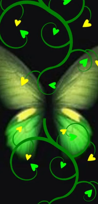 Green butterfly with heart accents on a dark background wallpaper.