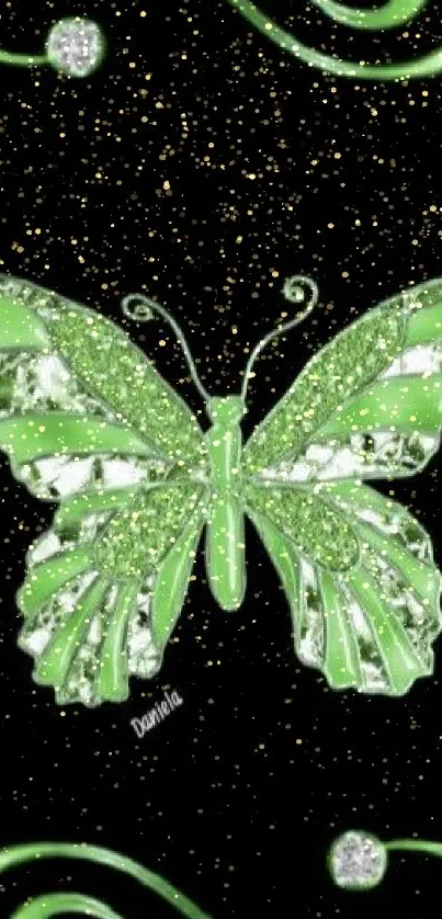 Green glitter butterfly with swirl on black background.