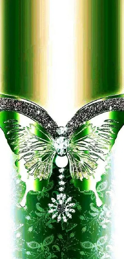 Green butterfly wallpaper with floral design and shimmering effects.