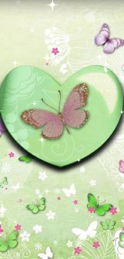 Green heart wallpaper with butterflies and floral designs.