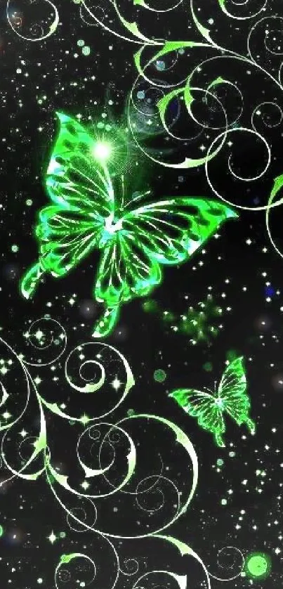 Luminous green butterfly on a swirled night background.