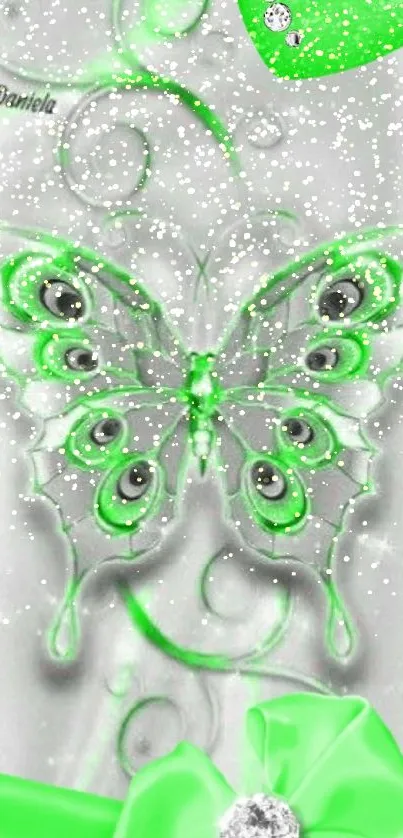 Green butterfly and heart design on silver background wallpaper.