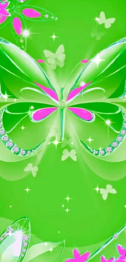 Vibrant green butterfly wallpaper with pink floral accents.